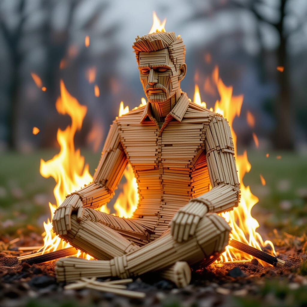 Matchstick Man Ablaze: A Figurative Sculpture