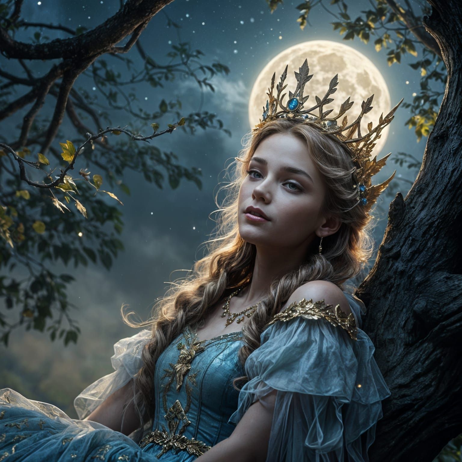 Enchanted Fairy Queen on Twisted Branch in Fantasy Scene