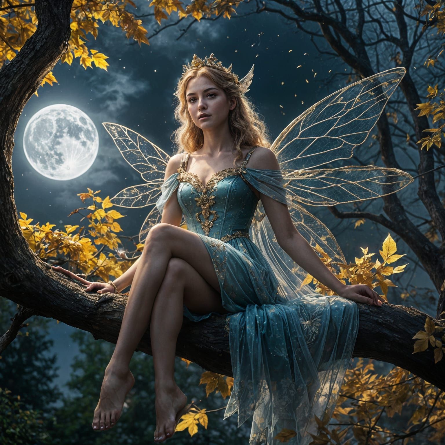 Fairy Queen on Branch Under Moon, Fantasy Digital Art