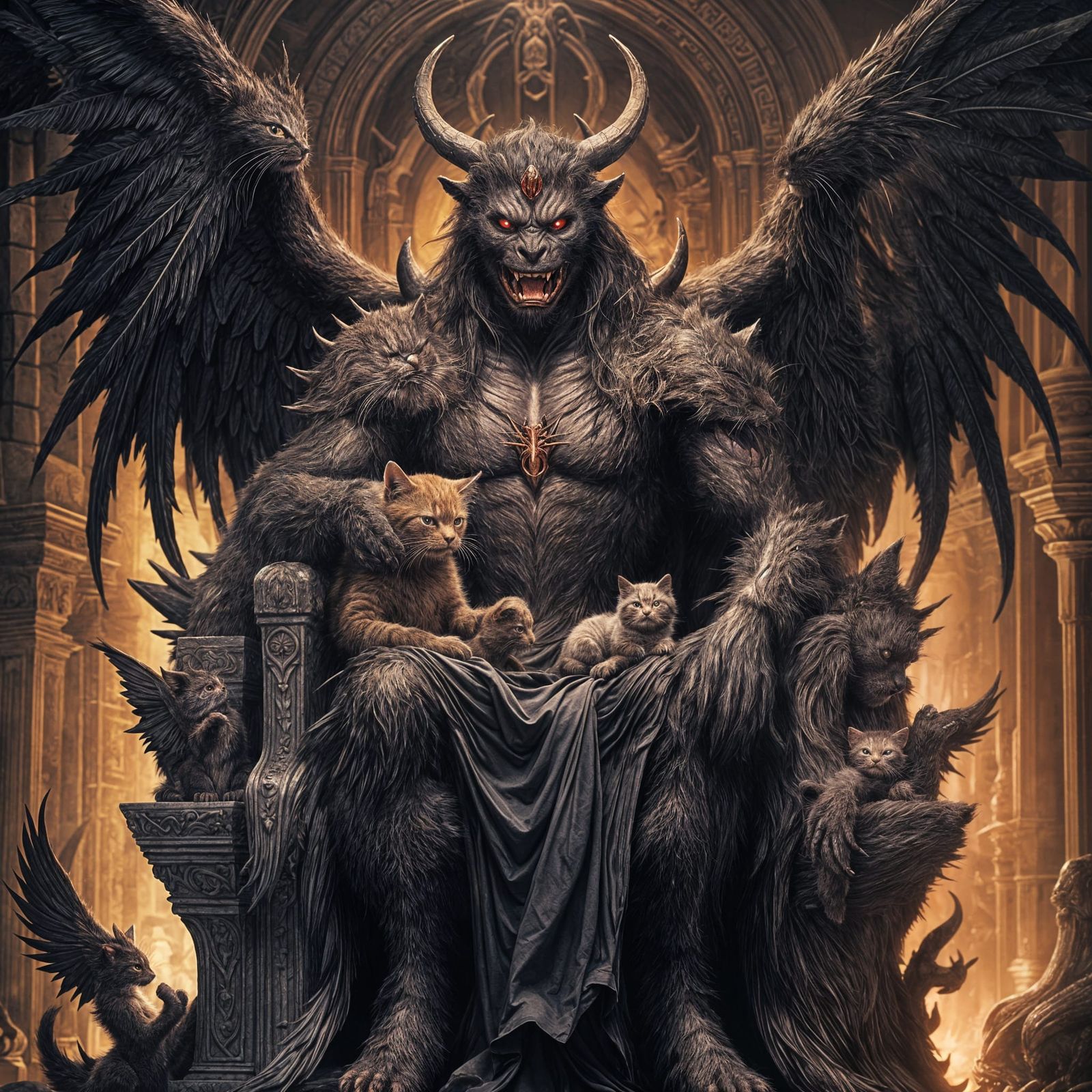 Demonic Monster Cradles Kitten on Throne: Photorealistic