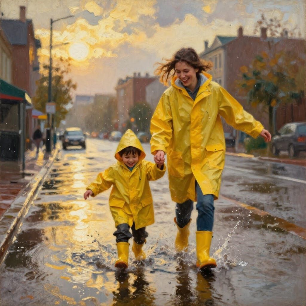 Mom and son splash in puddles