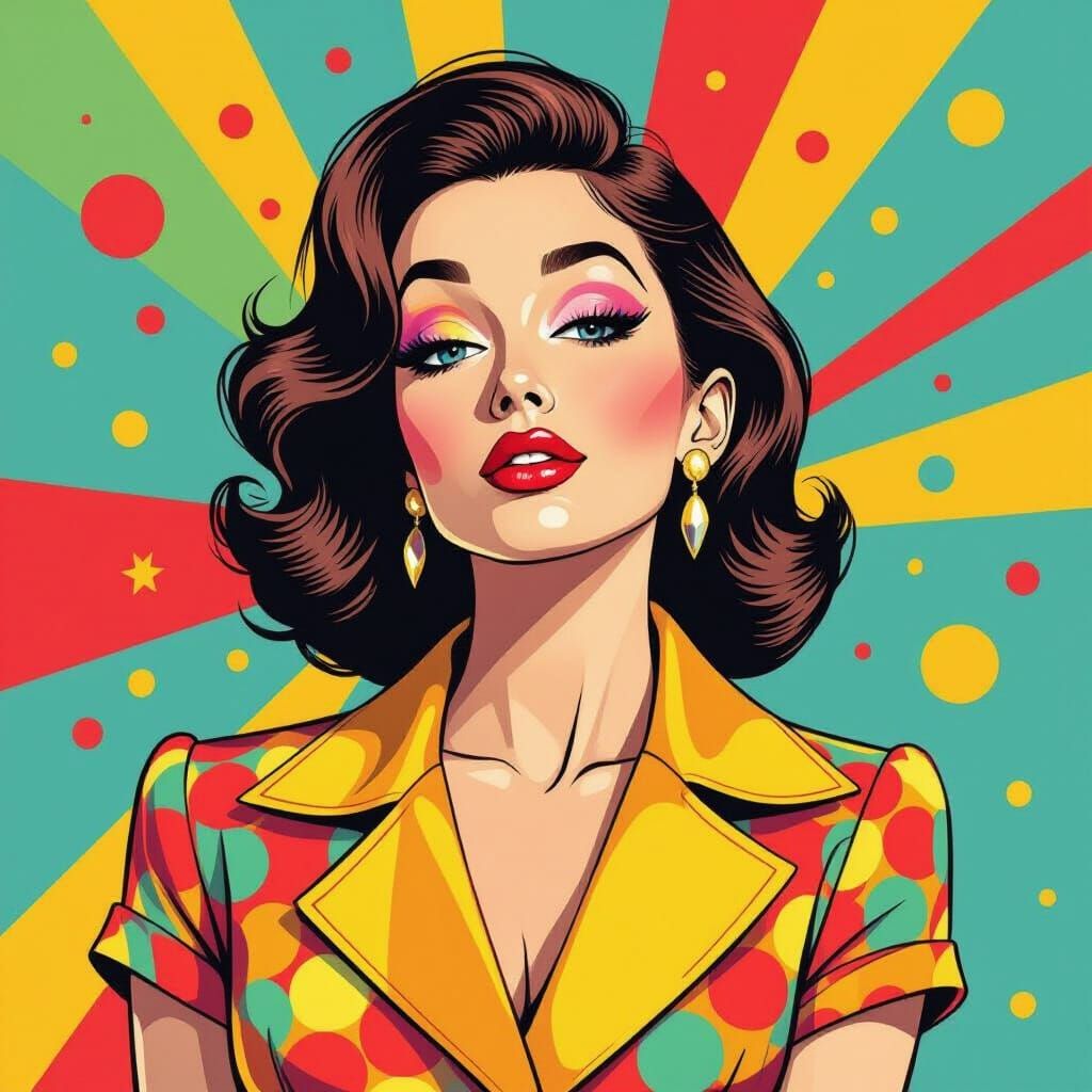 Stylish 1960s Woman in Vibrant Pop Art Graphic Illustration