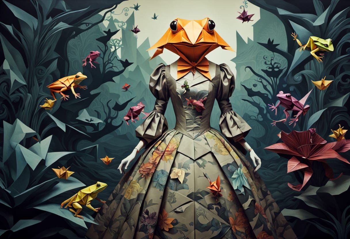 Gothic Figure with Origami Frog Head, Surreal Paper Art