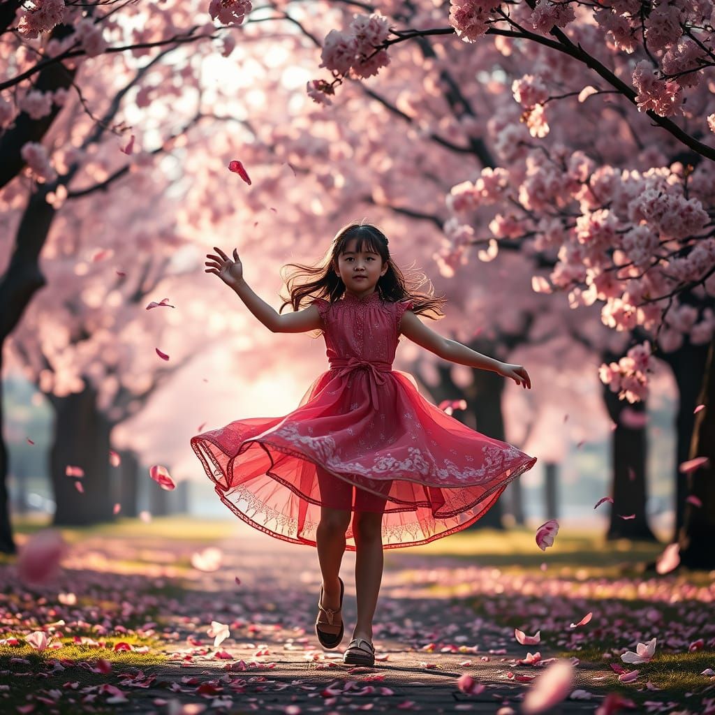 Girl Twirling Among Cherry Blossoms in Digital Matte Paintin...