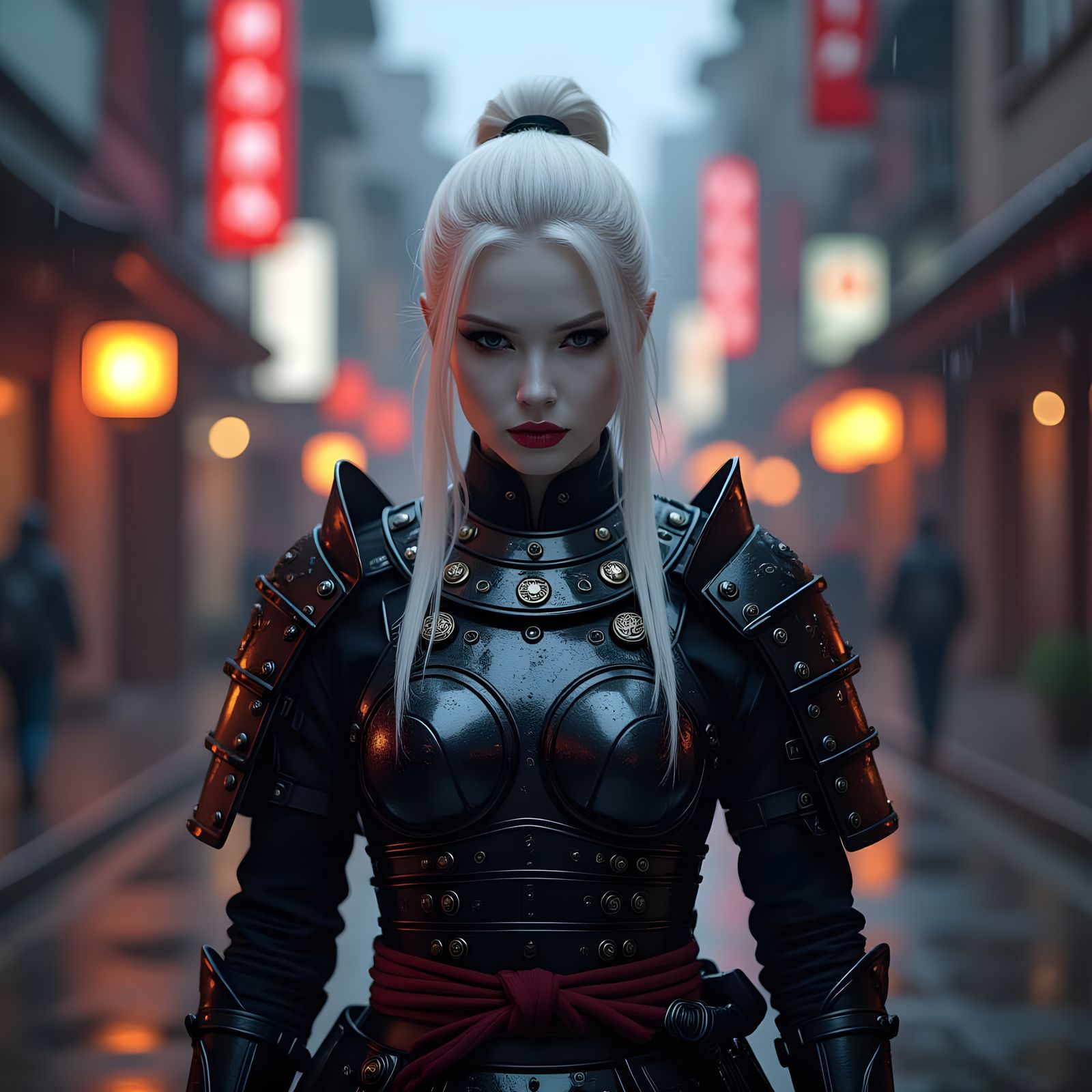 Albino Samurai in Diamond Armor on Neon City Street