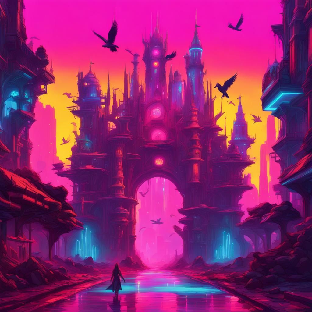 Psychedelic Fantasy Castle with Unicorns in Cyberpunk Style