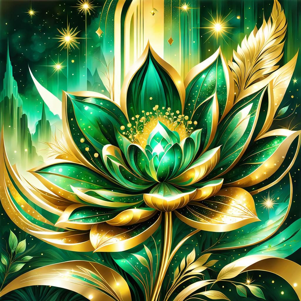 Emerald Flower in Cosmic Dreamscape, Watercolor Style