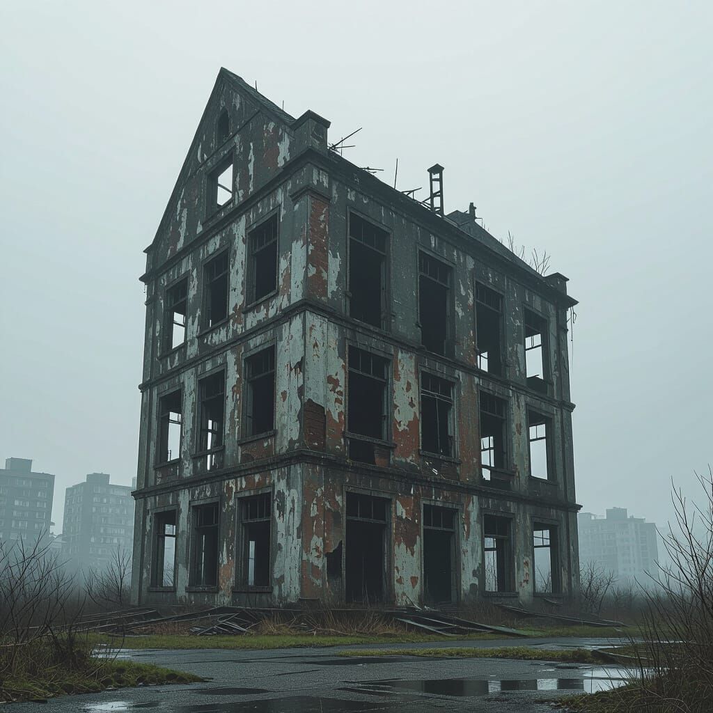 Eerie Gutted Building in Dim Light