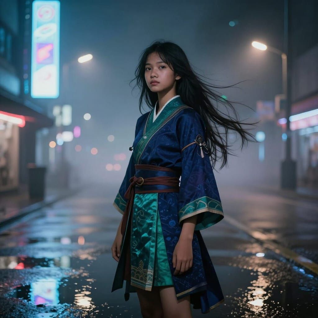 Indonesian Girl on Neon Street in Dark Fantasy Style