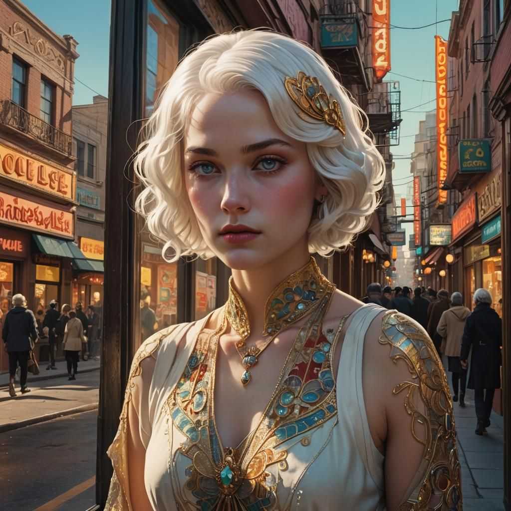 Voluptuous Woman in Cityscape, Moebius Style