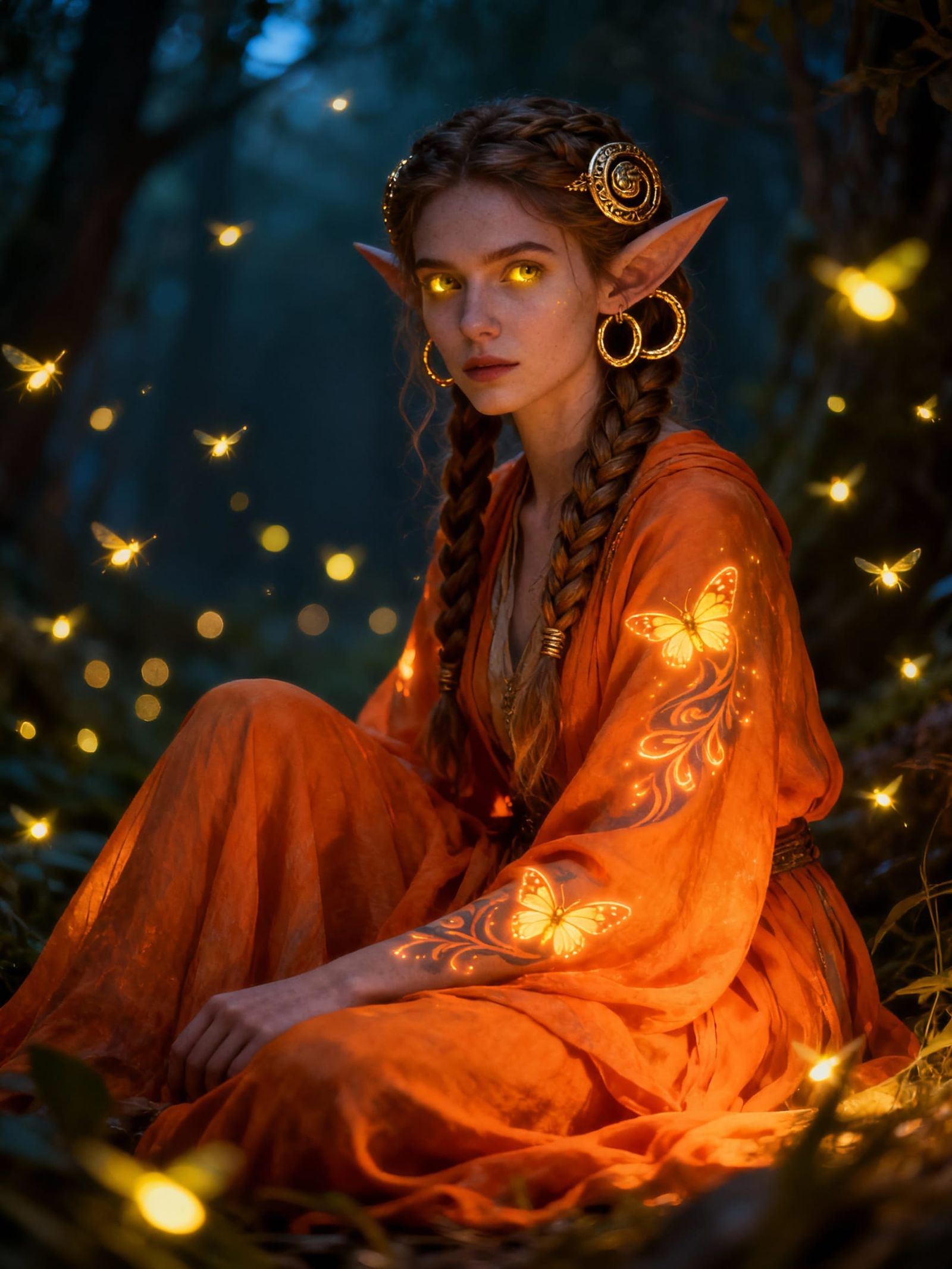 Elf Woman in Orange Robes with Glowing Tattoos in Woods