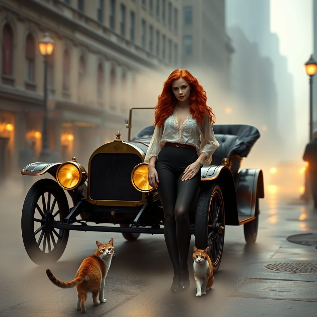 Ginger Woman and Cat with Vintage Car on Misty Street