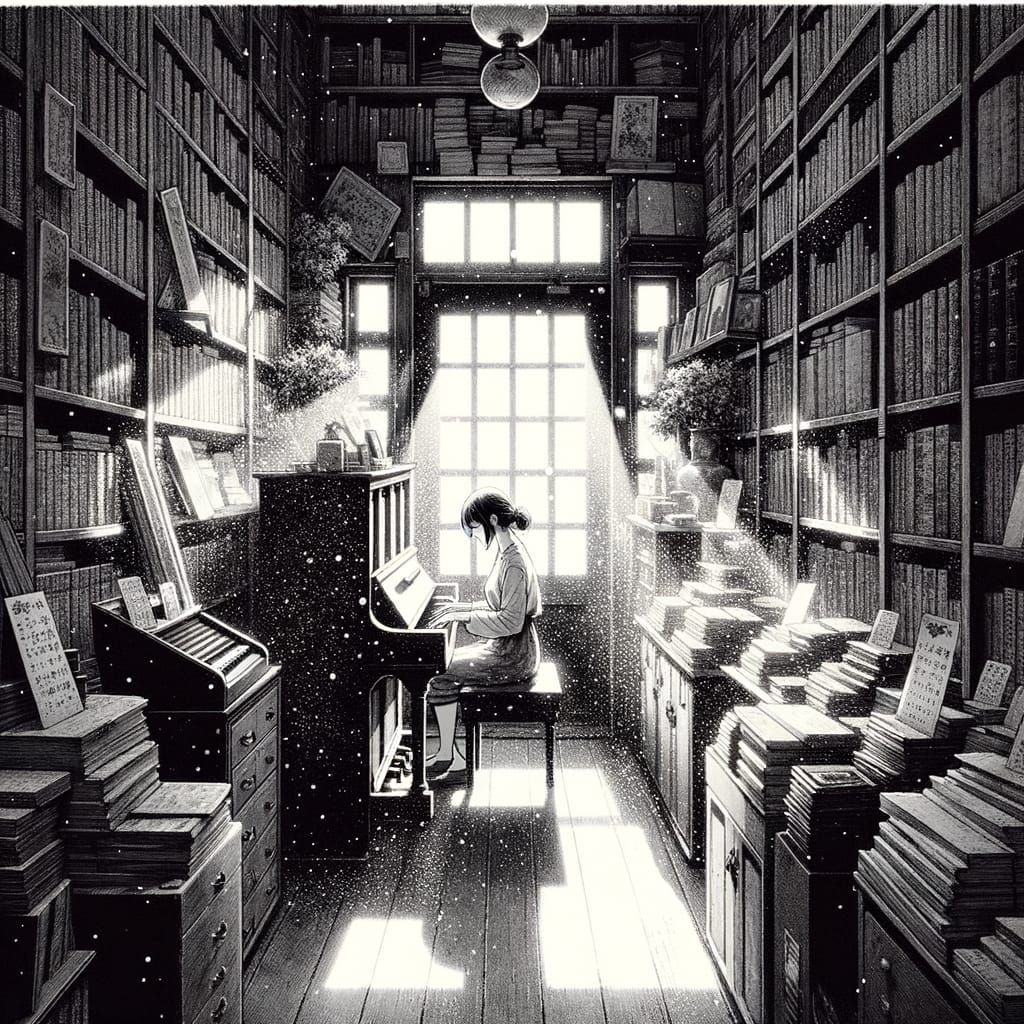Manga Panel: Cozy Bookstore with Pianist in Sunlight