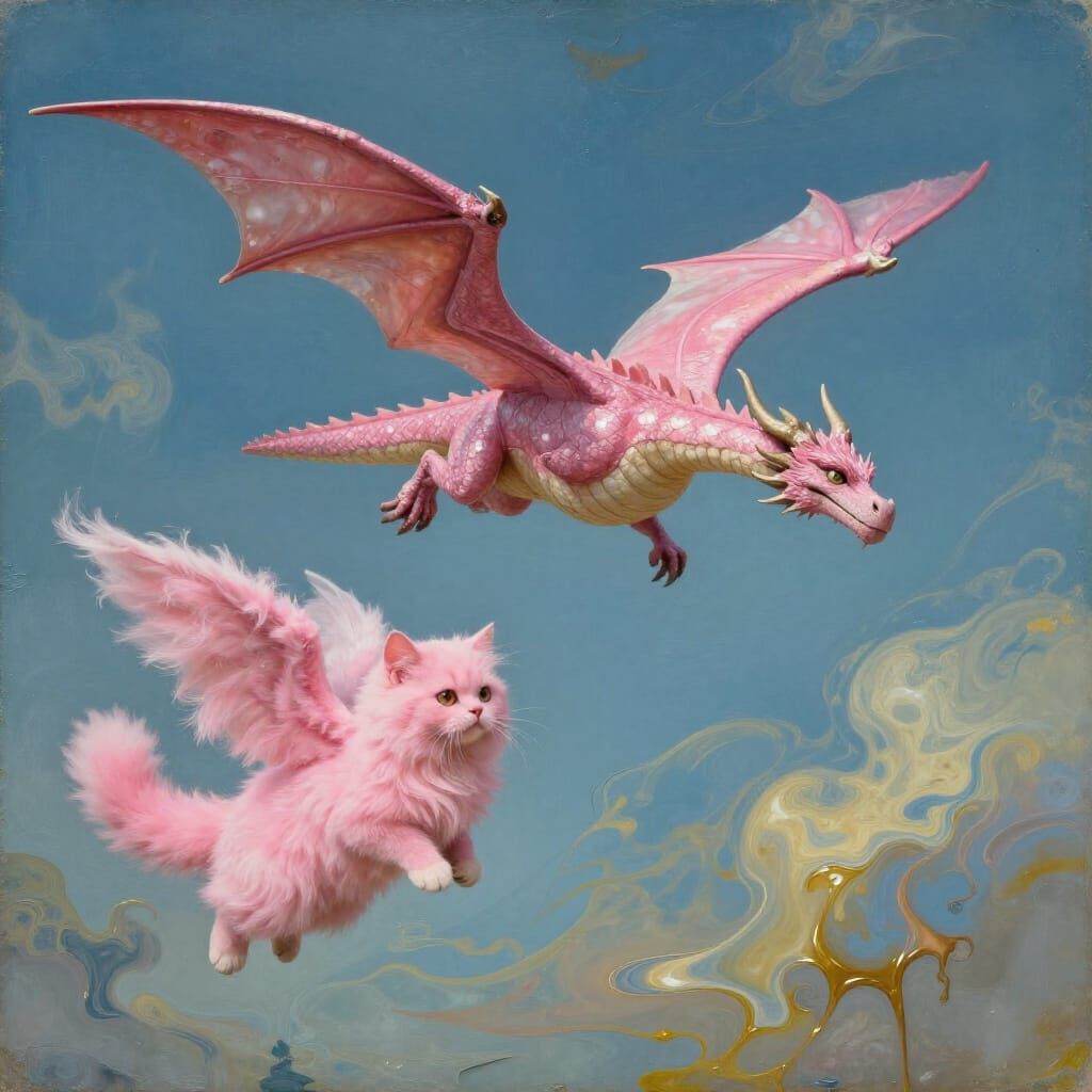 Pink Dragon and Cat Flying in Surreal Sky