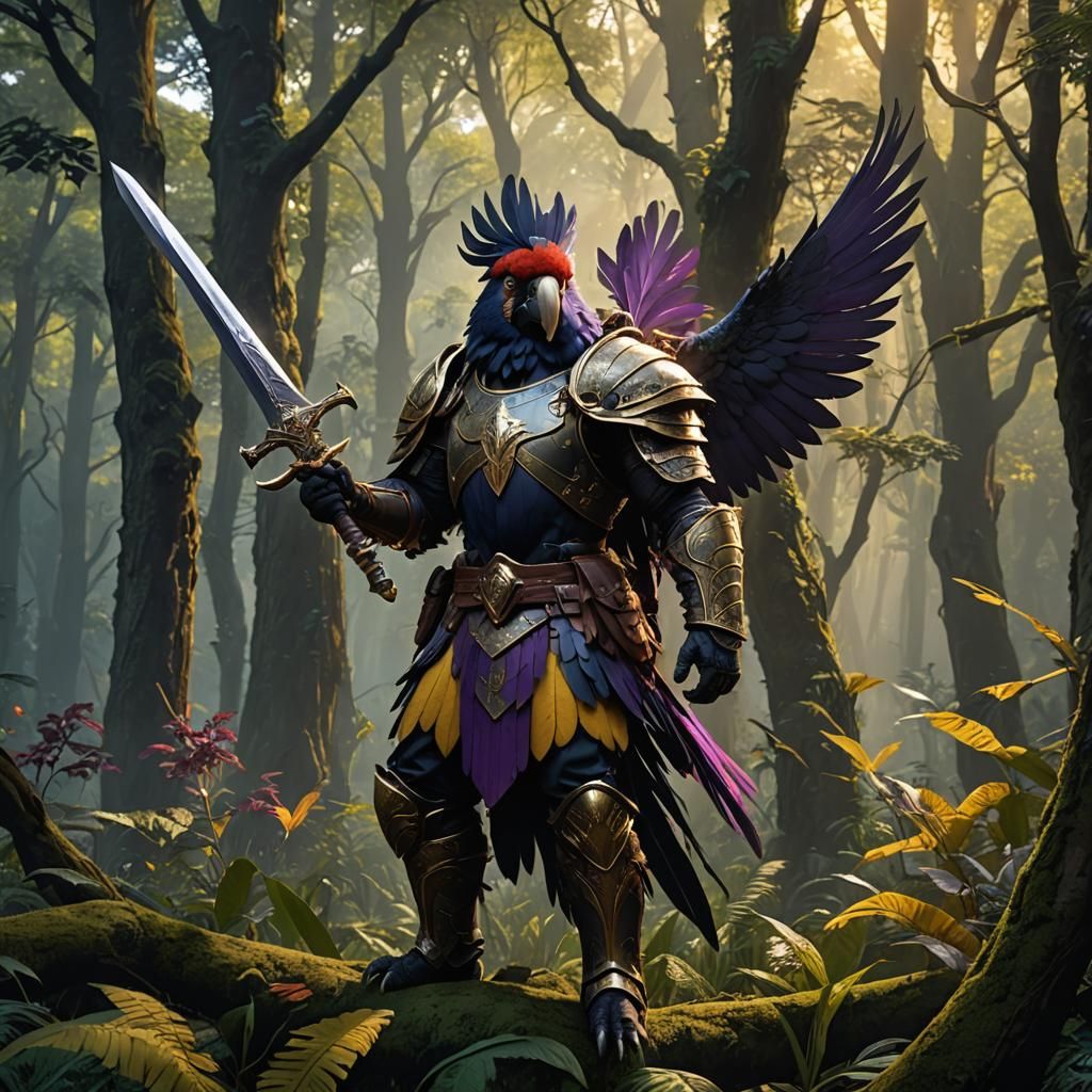 Parrot Barbarian in Mystical Forest: Dark Fantasy Art