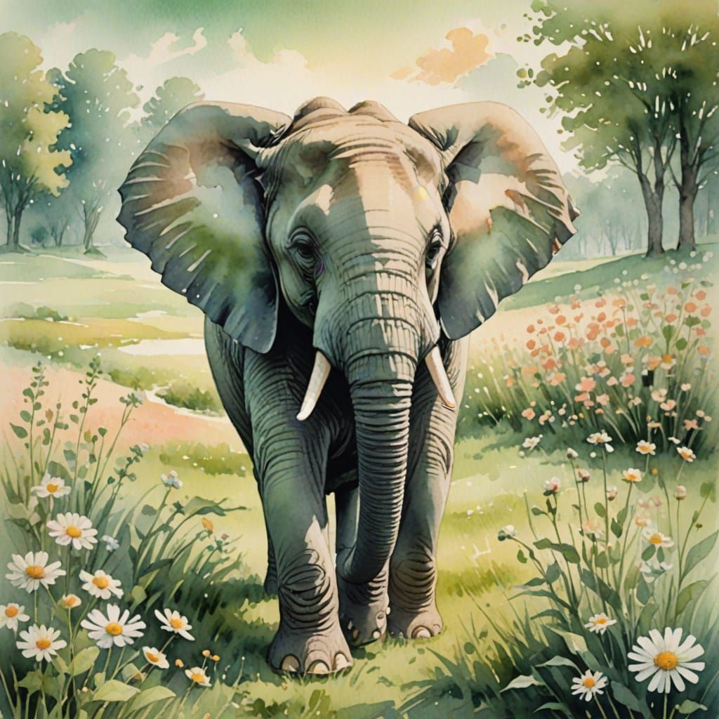 Vintage-Inspired Watercolor Elephant in Gingham Print