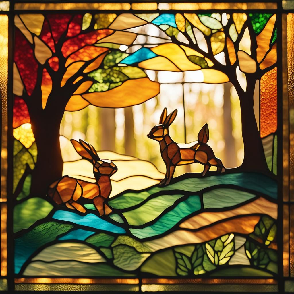 Stained Glass Animals in Forest Sunlight