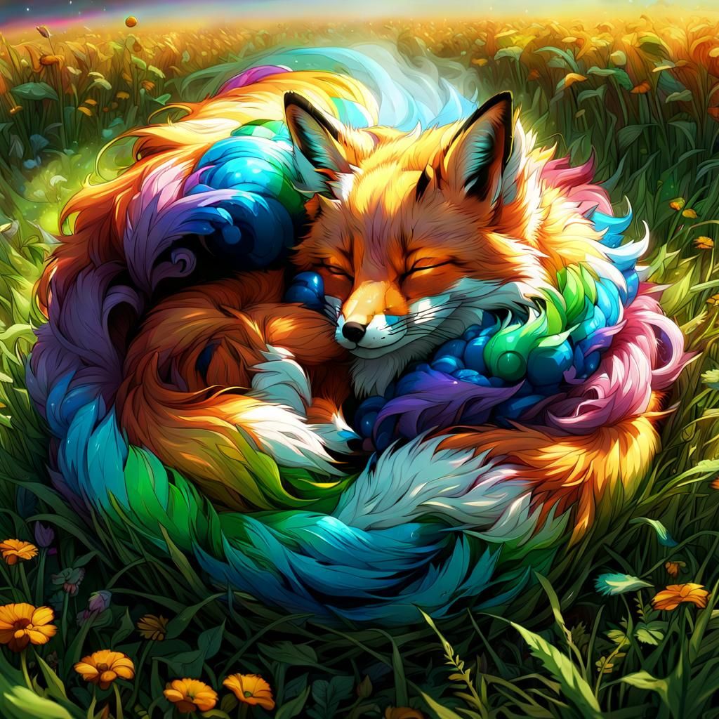 Anime Fox Sleeping in Field with Rainbow Smoke