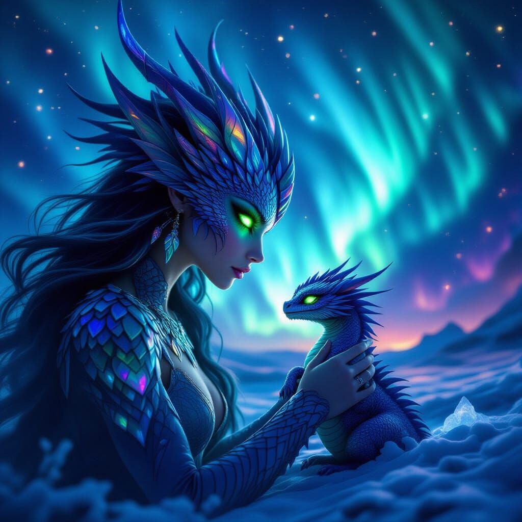 Dragon Girl and Dragon Under Aurora Borealis