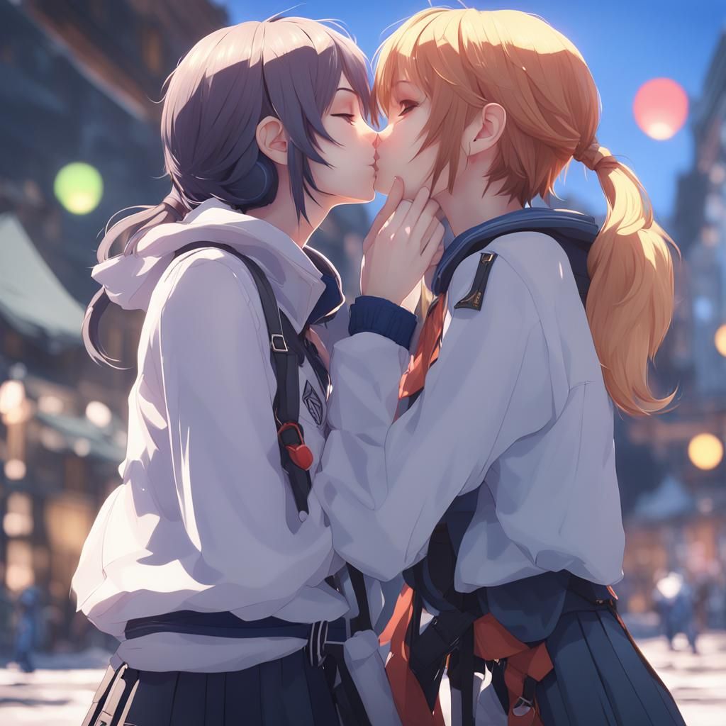 Anime-Style 3D Render of Two Women Kissing