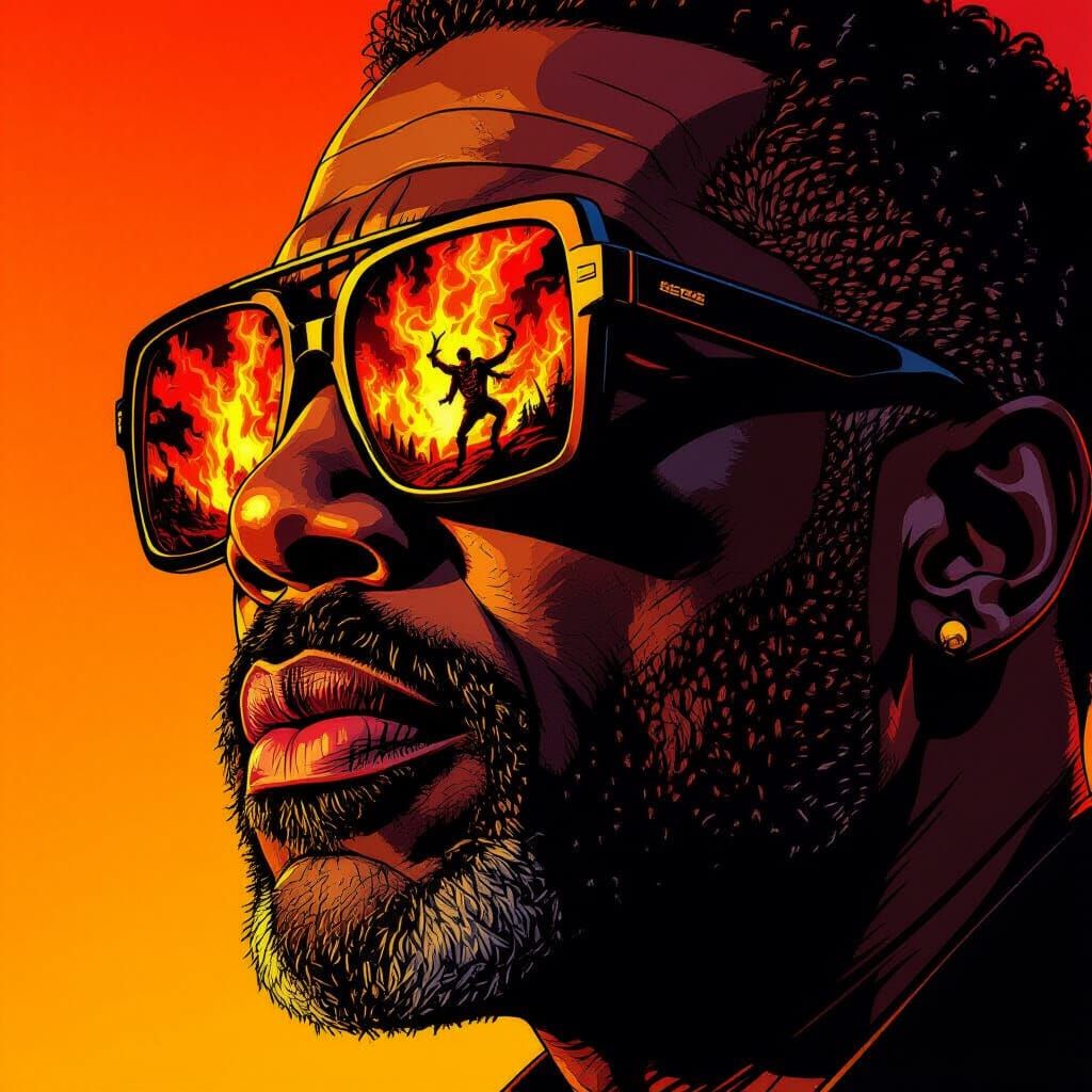 Man Gazes at Fiery Hellscape in Dark Fantasy Portrait