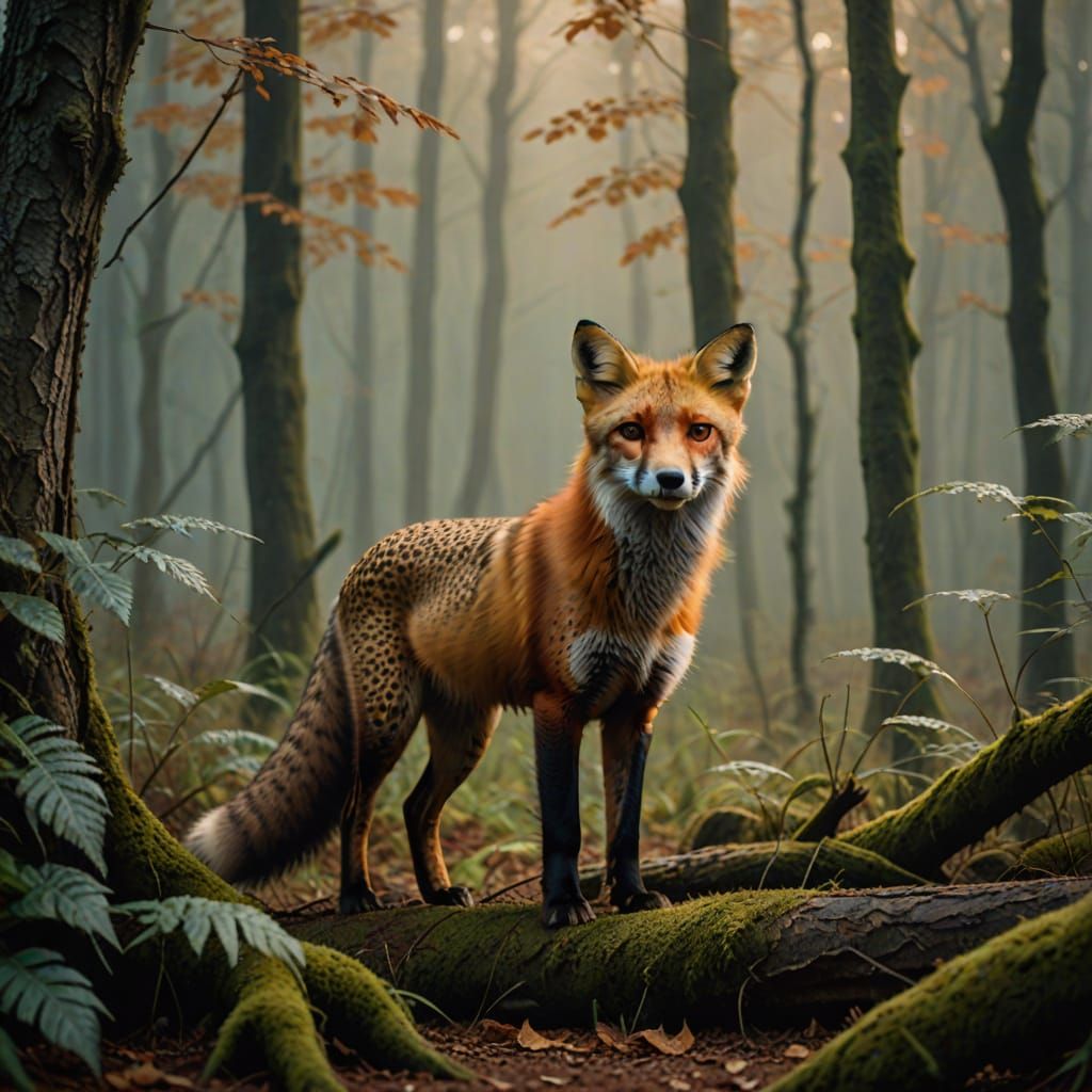Surreal German Forest Encounter: Red Fox-Cheetah Hybrid