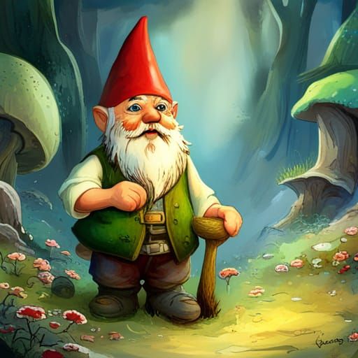 In the foreground, depict a friendly gnome with a long white beard, tattered green vest, standing beside a moss-covered ...