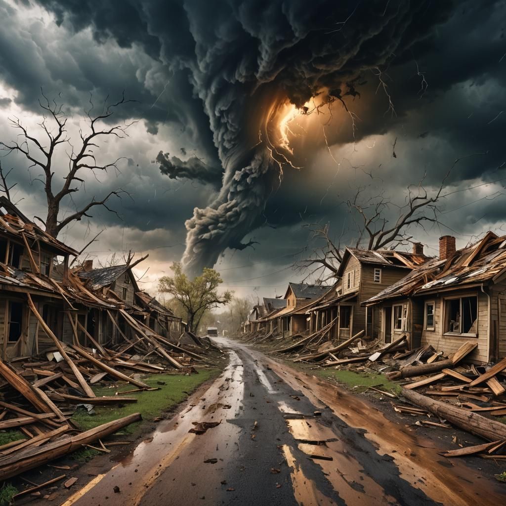Tornado Rages Through Village in Dramatic Landscape Art