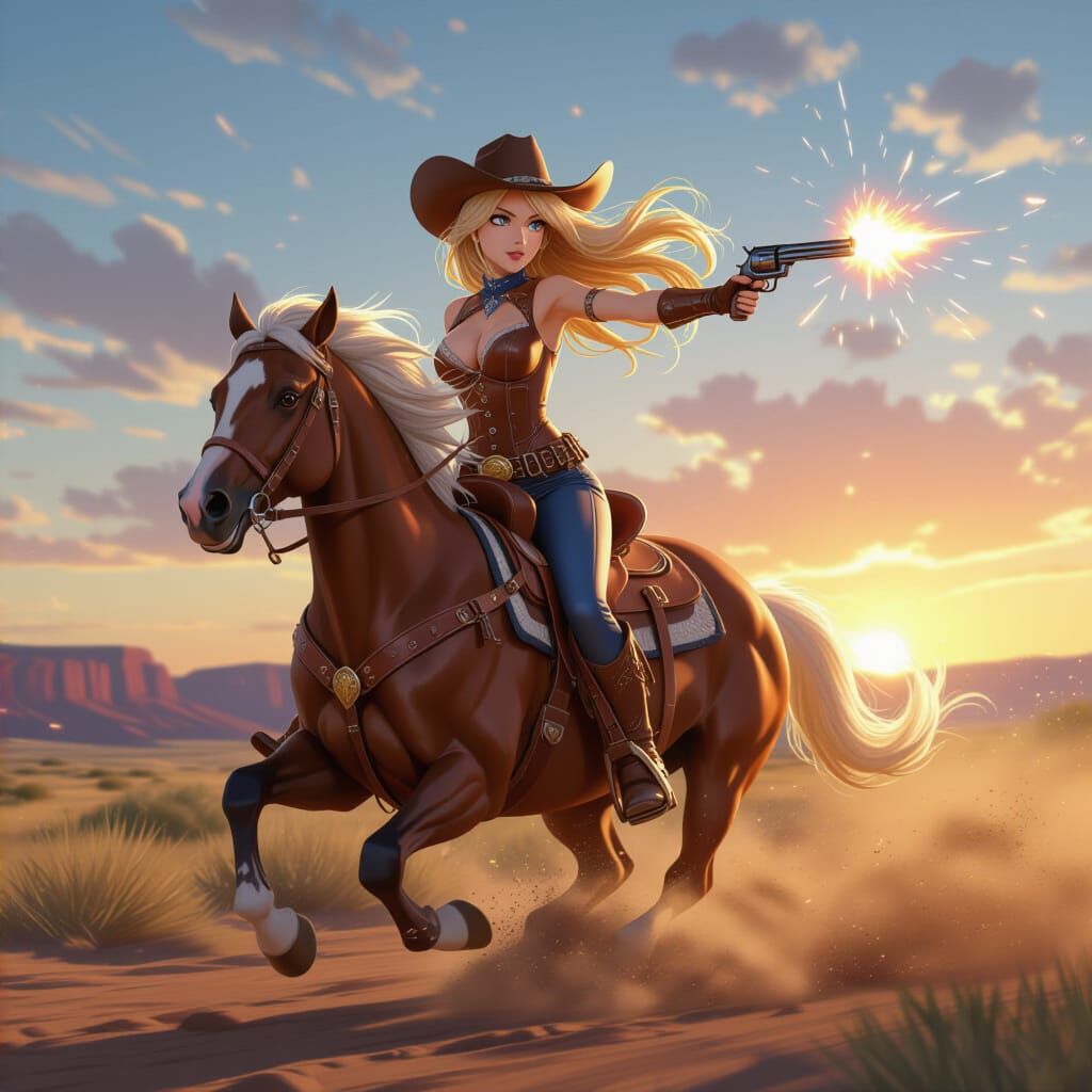 Cowgirl Firing Revolver While Riding Horse at Sunset