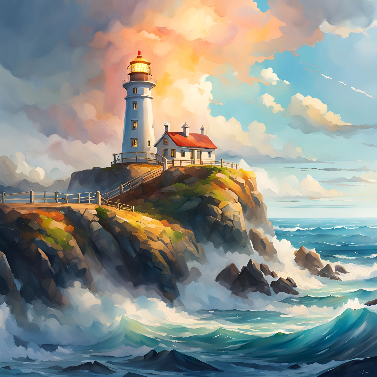 Oceanscape Lighthouse: 8K Watercolor Oil Painting