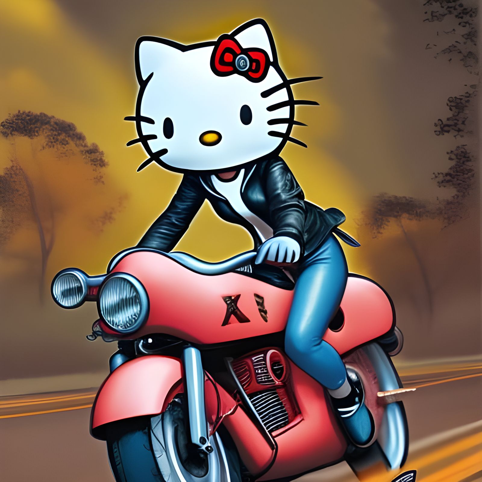 Hello Kitty as Biker Chick in Psychedelic Forest