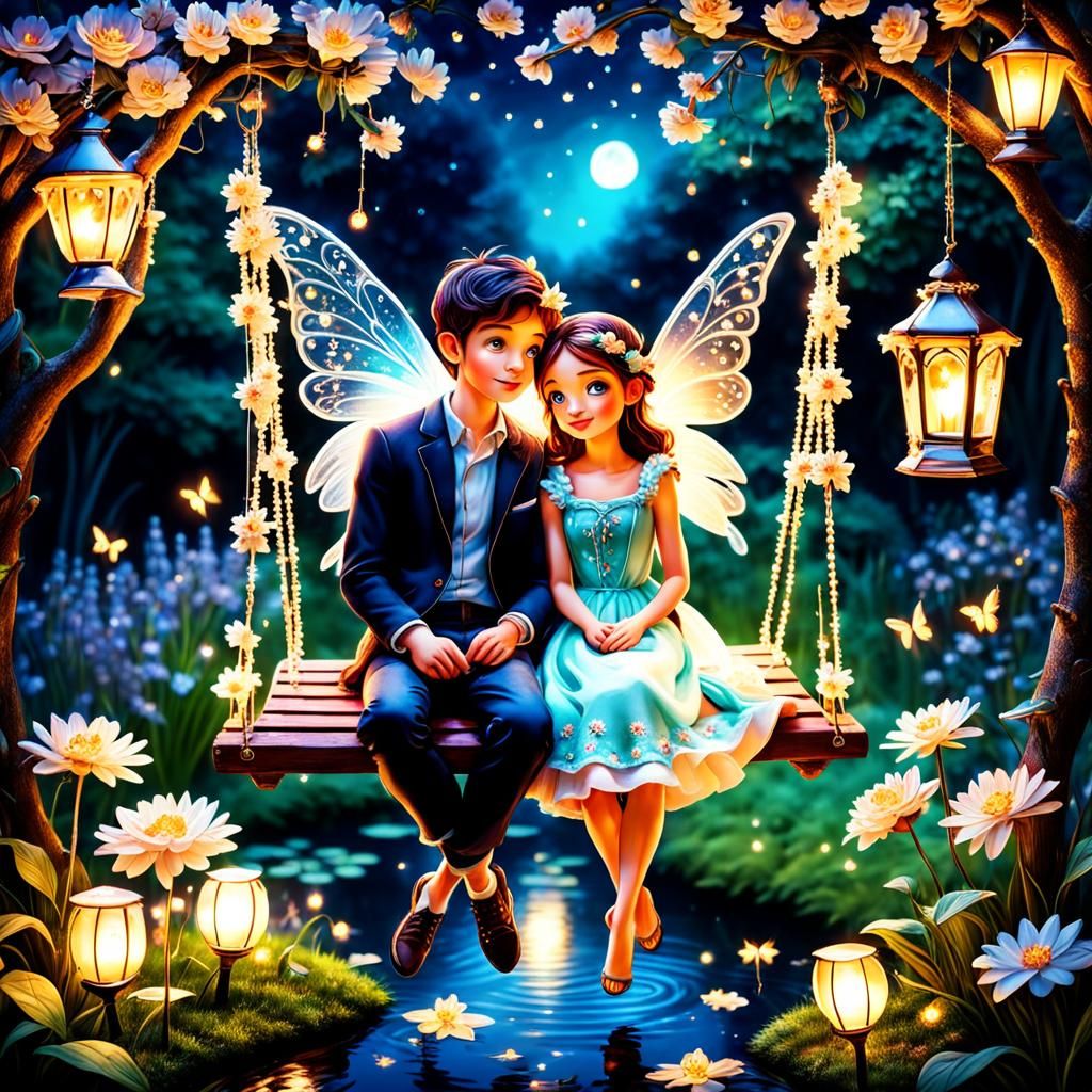 Romantic Fairy Couple on Floral Garden Swing
