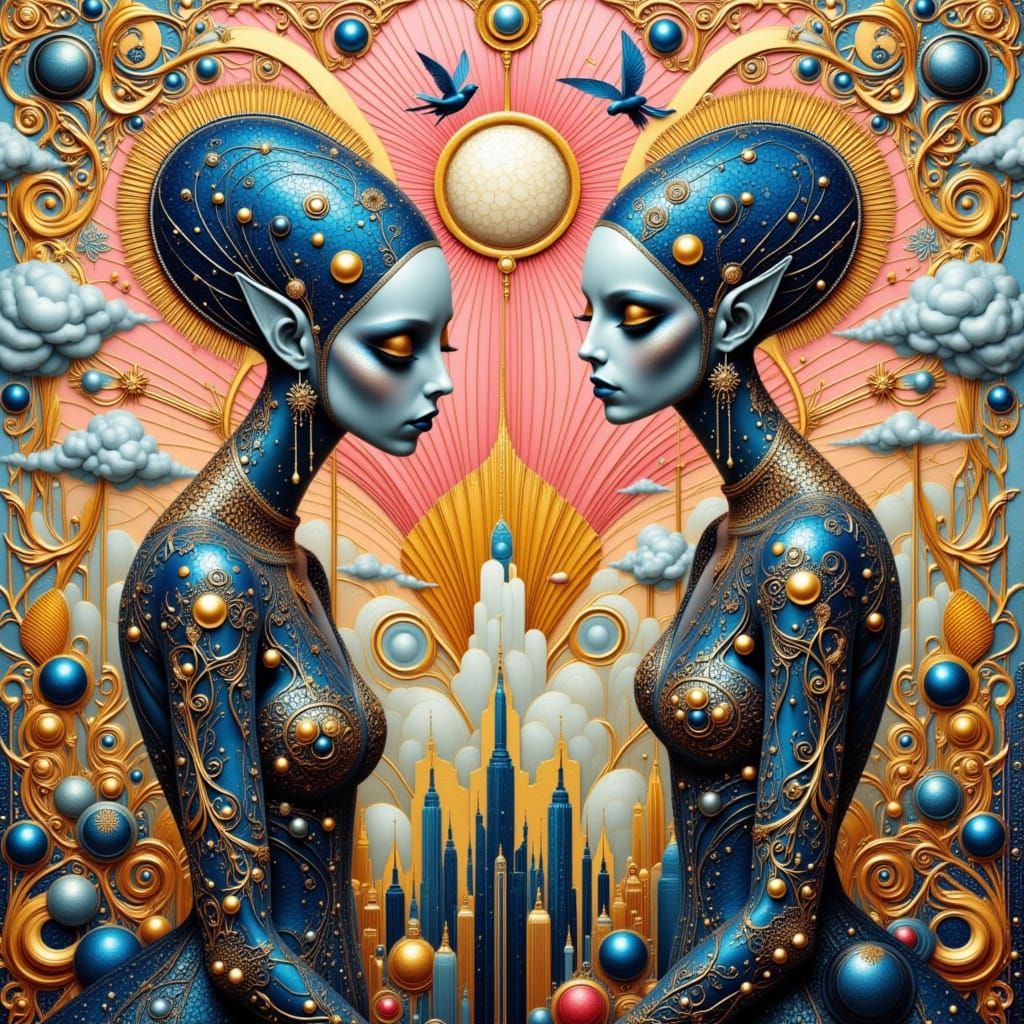 Extravagant Aliens Over Cityscape in Surreal Style