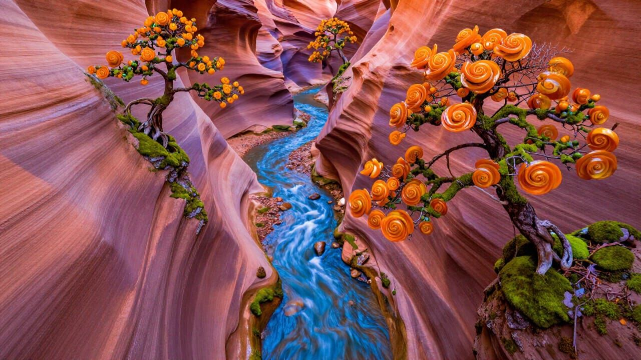 Antelope Canyon With Moss, Bonsai Trees, and Glass Helix Flo...
