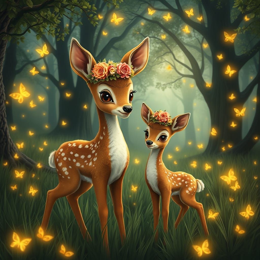 Enchanted Forest: Deer and Fawn in Sunlight