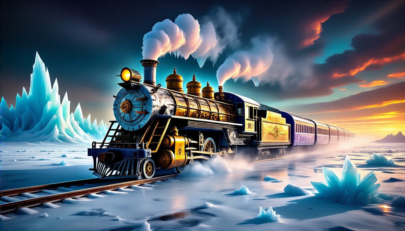 Steampunk Ice Train in Frozen Surrealist Wasteland