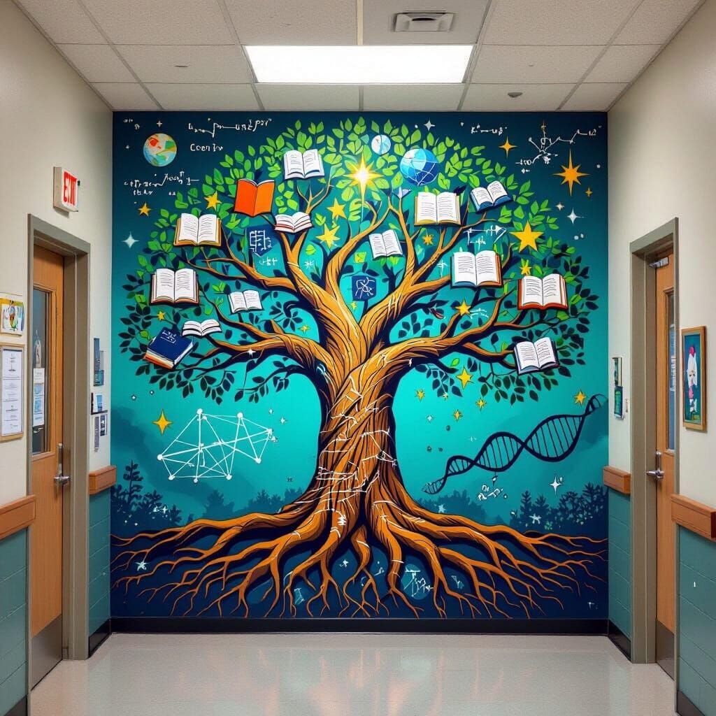 Vibrant Tree of Knowledge Mural in Surreal Style