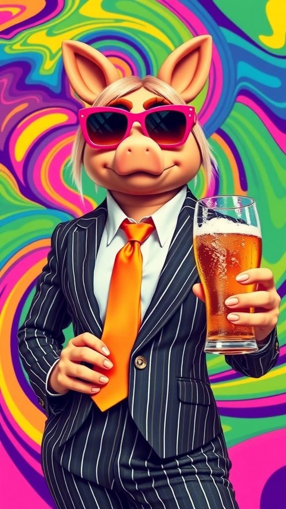 Glamorous Piggy Sips Beer in Psychedelic Vogue