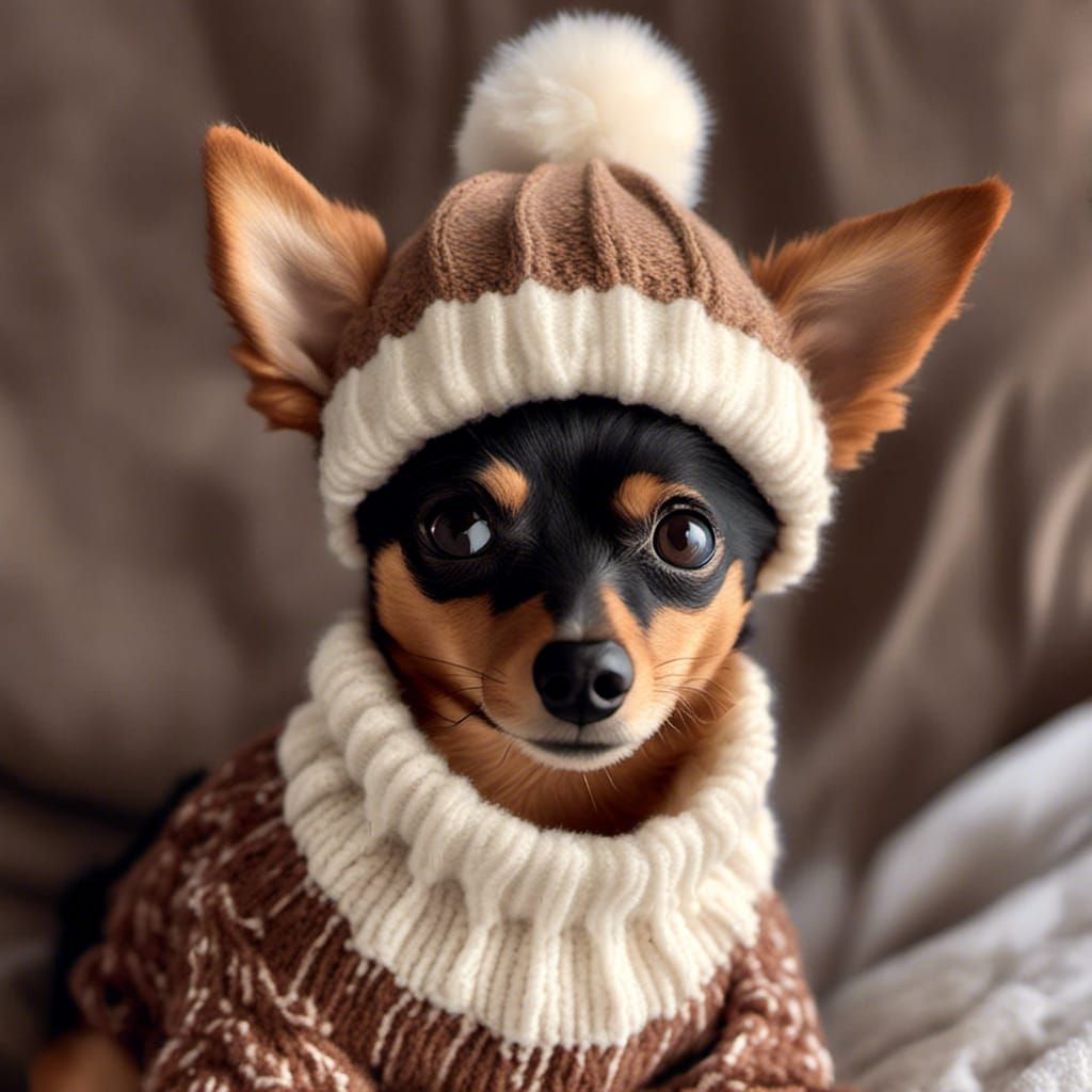 Miniature Pinscher in Sweater and Hat, Hyperreal Style