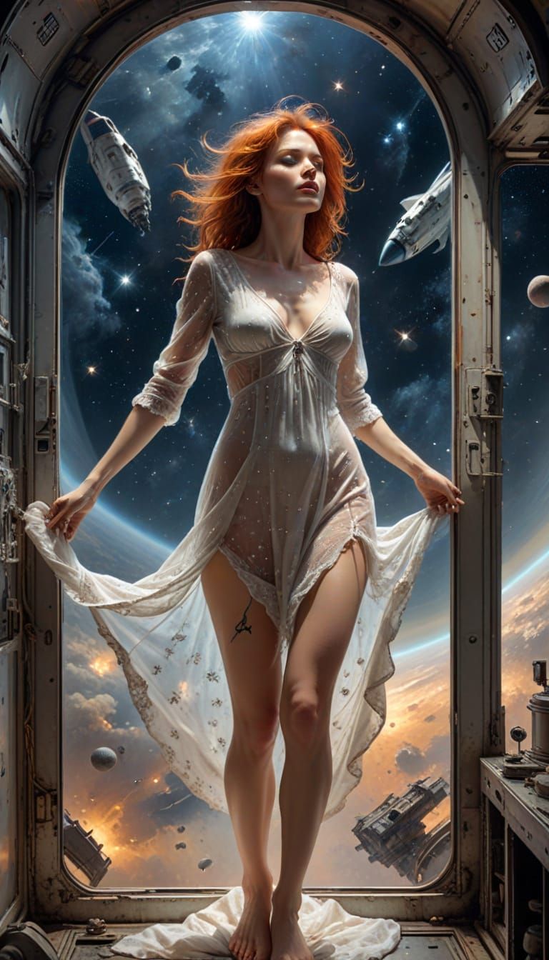 Woman Levitating in Space Shuttle, Fantasy Art
