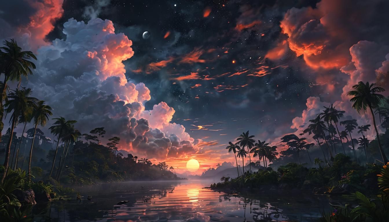 Epic Rainforest Landscape with Blood Moon