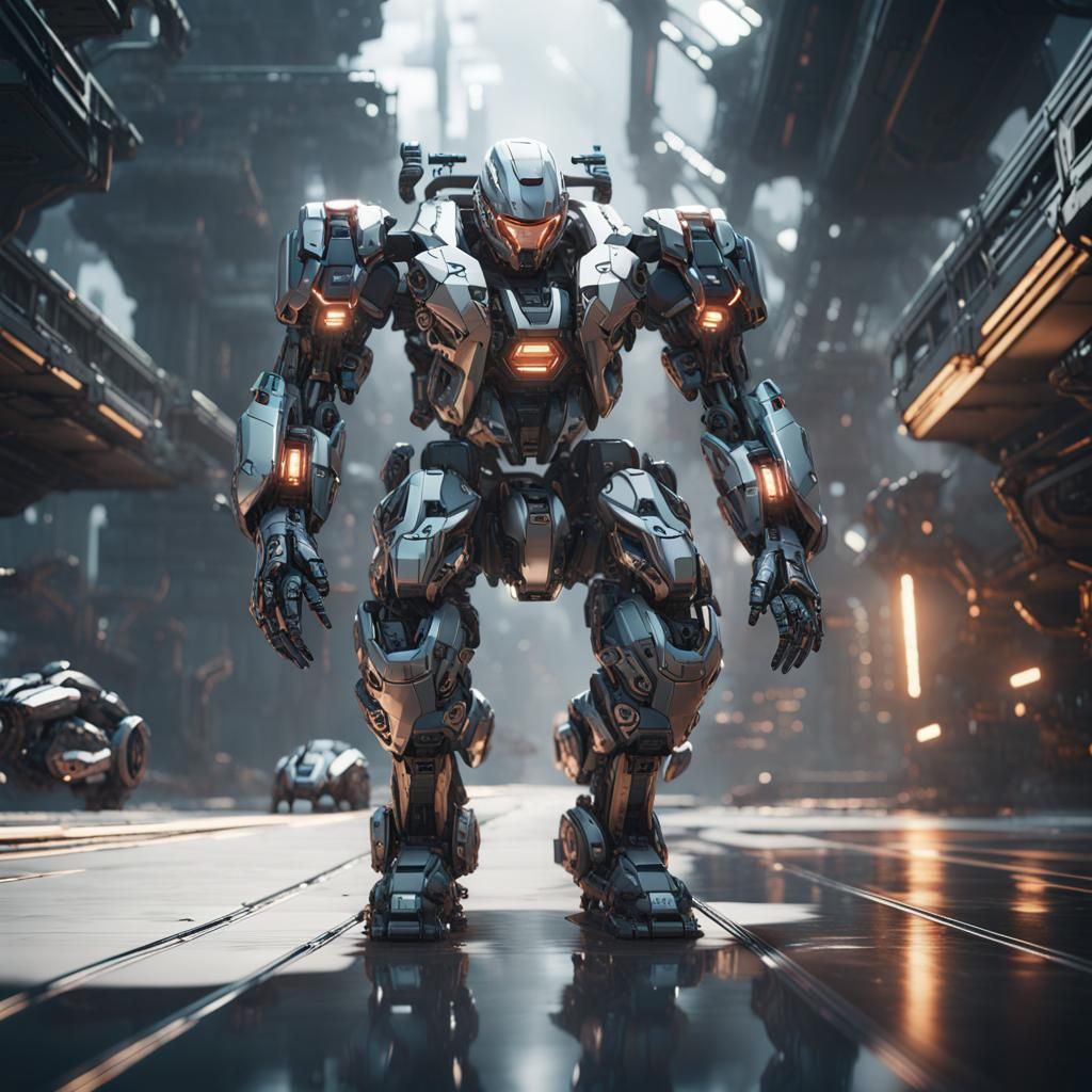 Man Driving Mech Suit in Sci-Fi Style