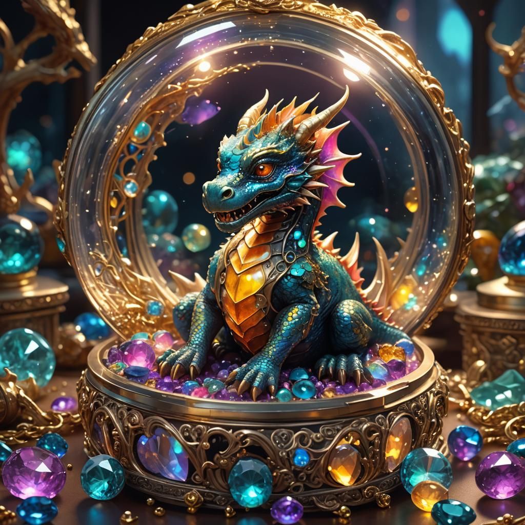 Dragon in Glass Dome with Glowing Jewelry