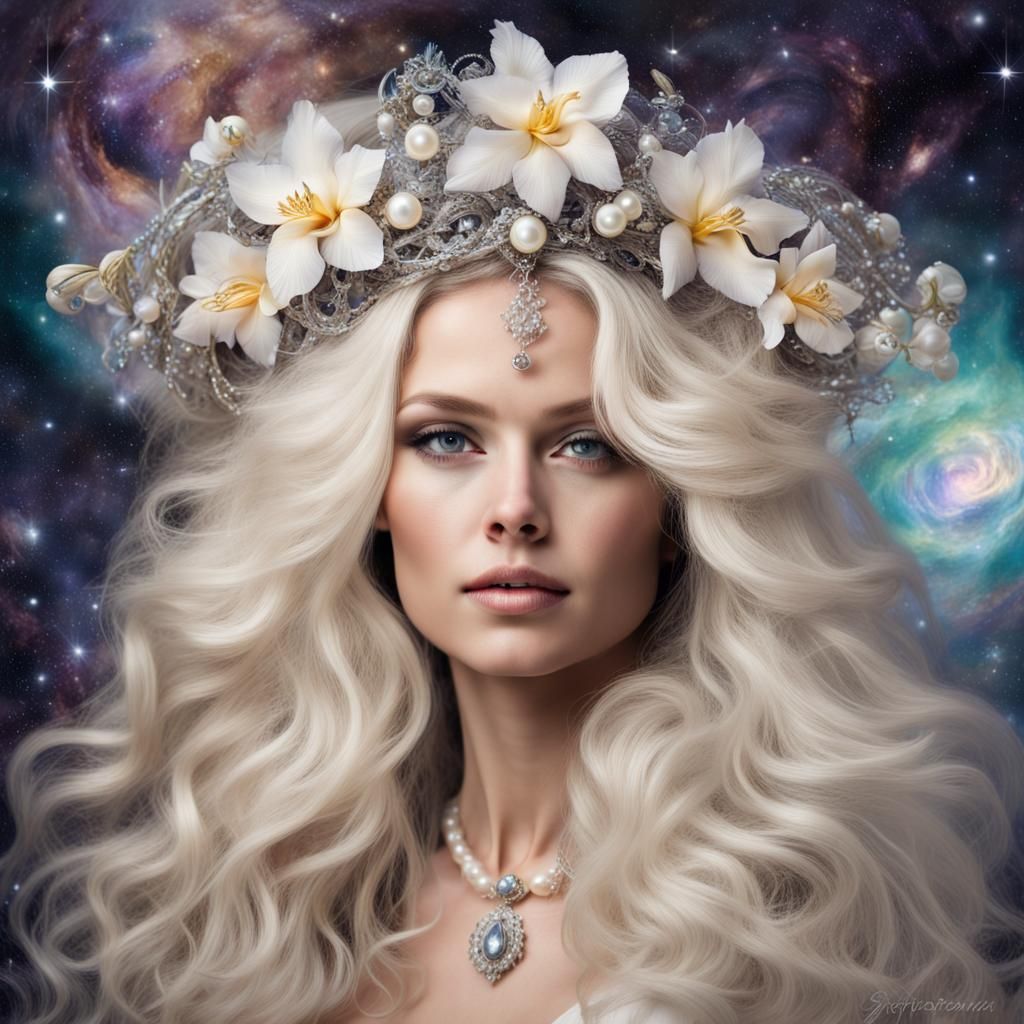 Platinum Blonde Woman with Flower Crown in Galaxy