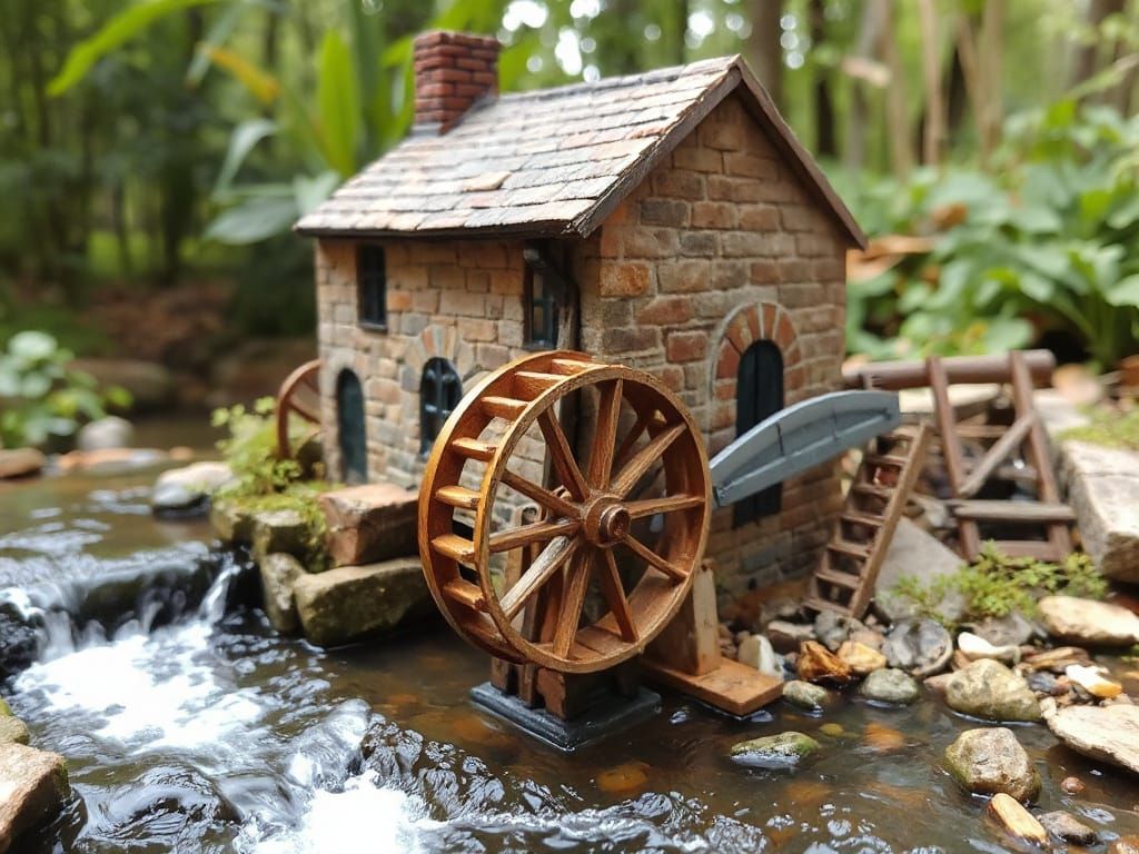 Miniature Water Wheel Scene in Rustic English Woods