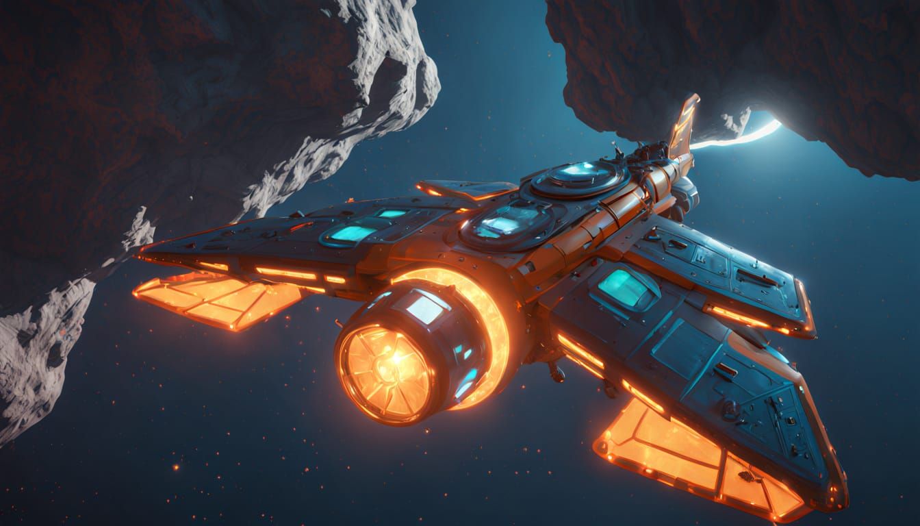 Windjammer Star Racer in Asteroid Field - Hyperrealistic Con...