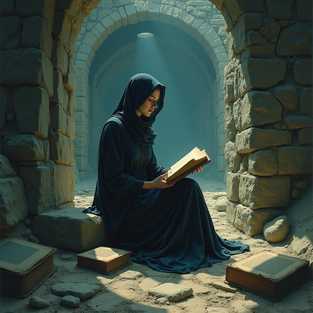 Mystical Woman Reading in Ancient Ruins