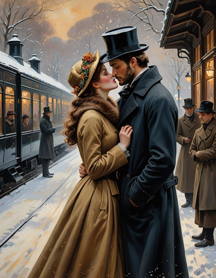 Victorian Woman's Intimate Kiss on Snowy Railway Platform in...