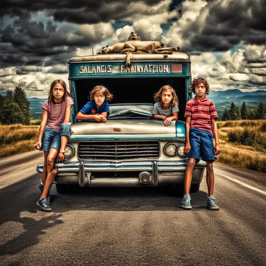 a portrait of siblings embarking on a cross-country road tri...