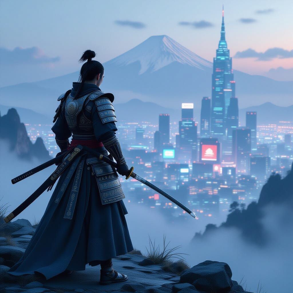 Cyberpunk Samurai Warrior on Misty Mountaintop